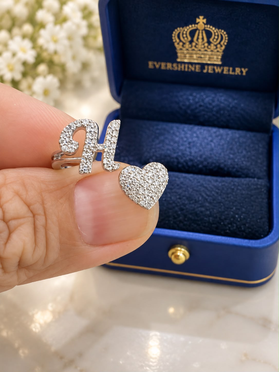 10K White Gold Diamond Initial H Heart Ring Size 7 Unique Love Statement Ring