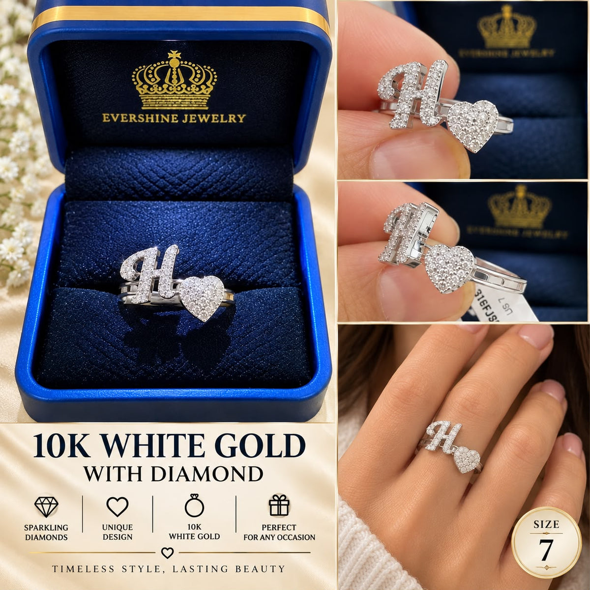 10K White Gold Diamond Initial H Heart Ring Size 7 Unique Love Statement Ring