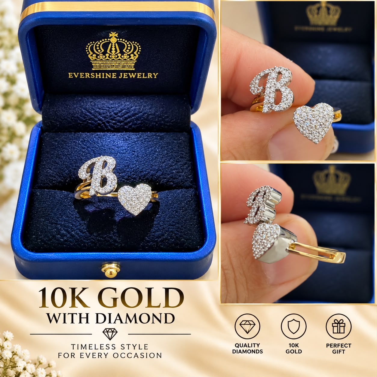 10K Gold Diamond Initial B & Heart Ring Set – Sparkling Fashion Rings