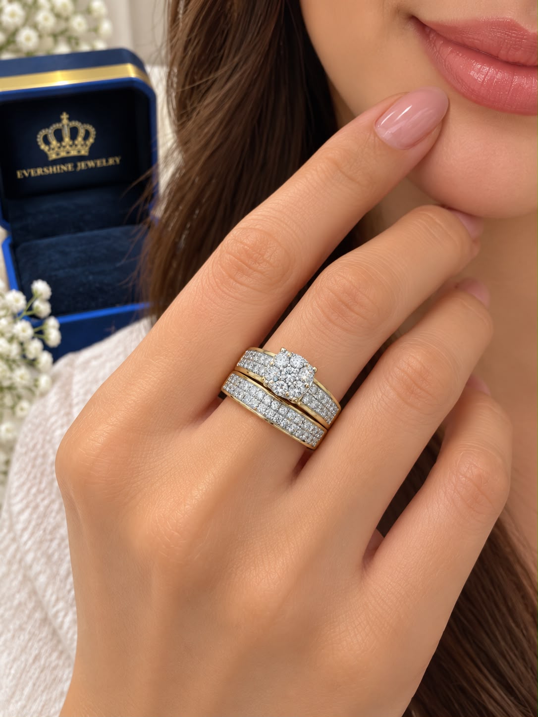 10K Yellow Gold 2 CT Diamond Bridal Wedding Ring Set Cluster Engagement Band