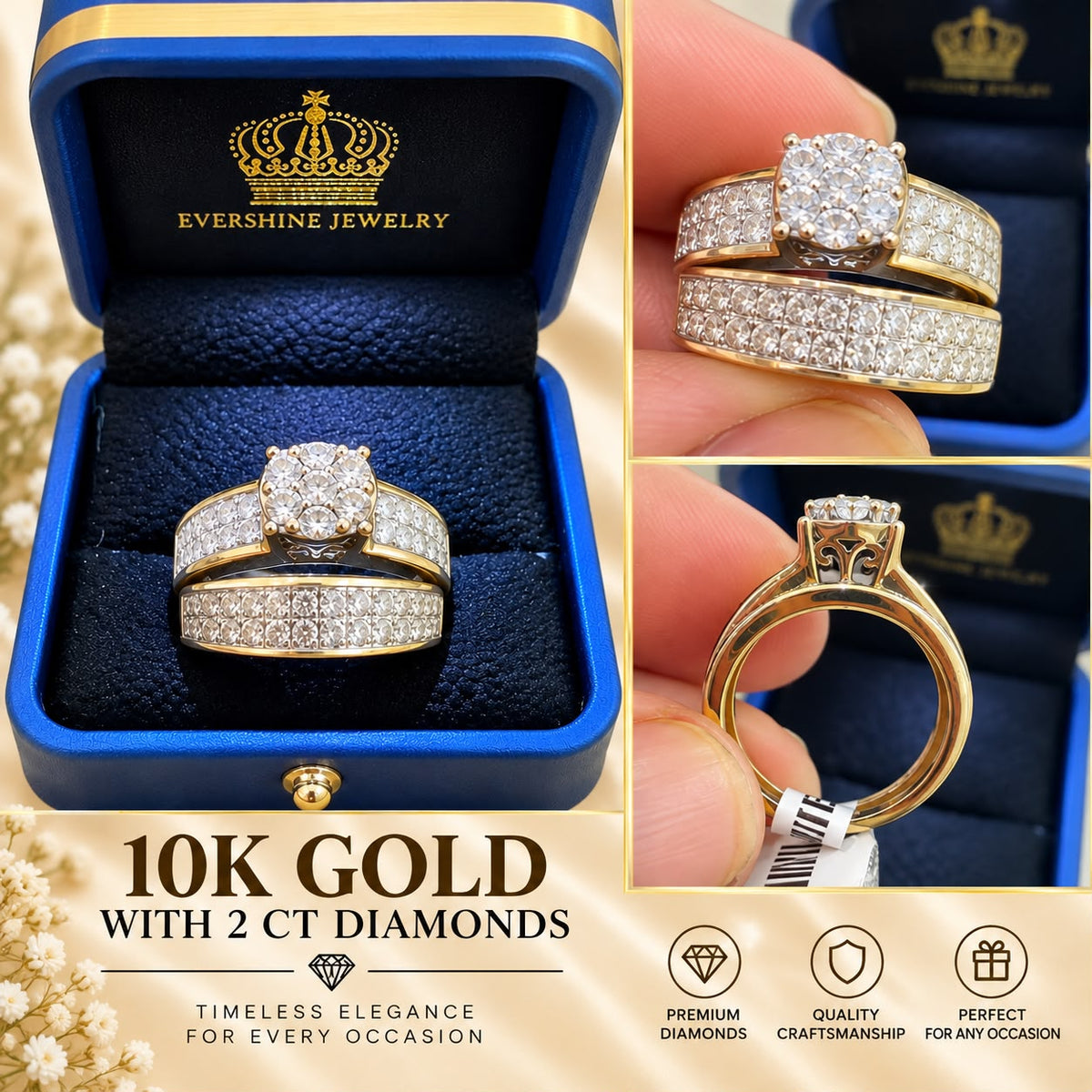 10K Yellow Gold 2 CT Diamond Bridal Wedding Ring Set Cluster Engagement Band