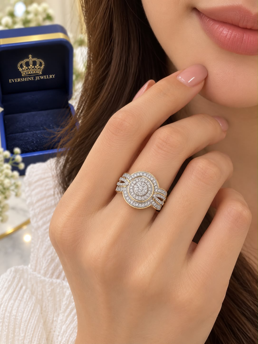 10K Yellow Gold 0.33 CT Diamond Round Cluster Statement Ring