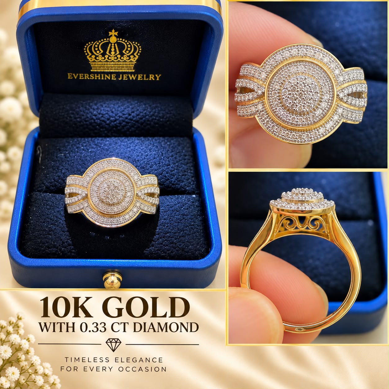10K Yellow Gold 0.33 CT Diamond Round Cluster Statement Ring