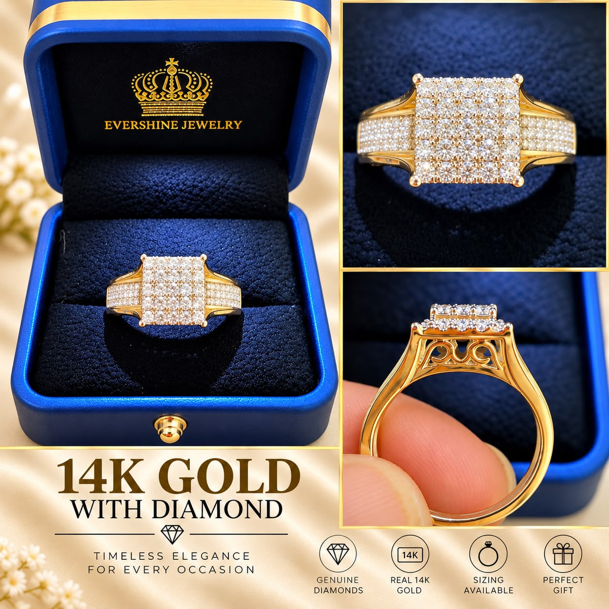 14k Yellow Gold Diamond Cluster Square Ring – Men’s Statement Ring
