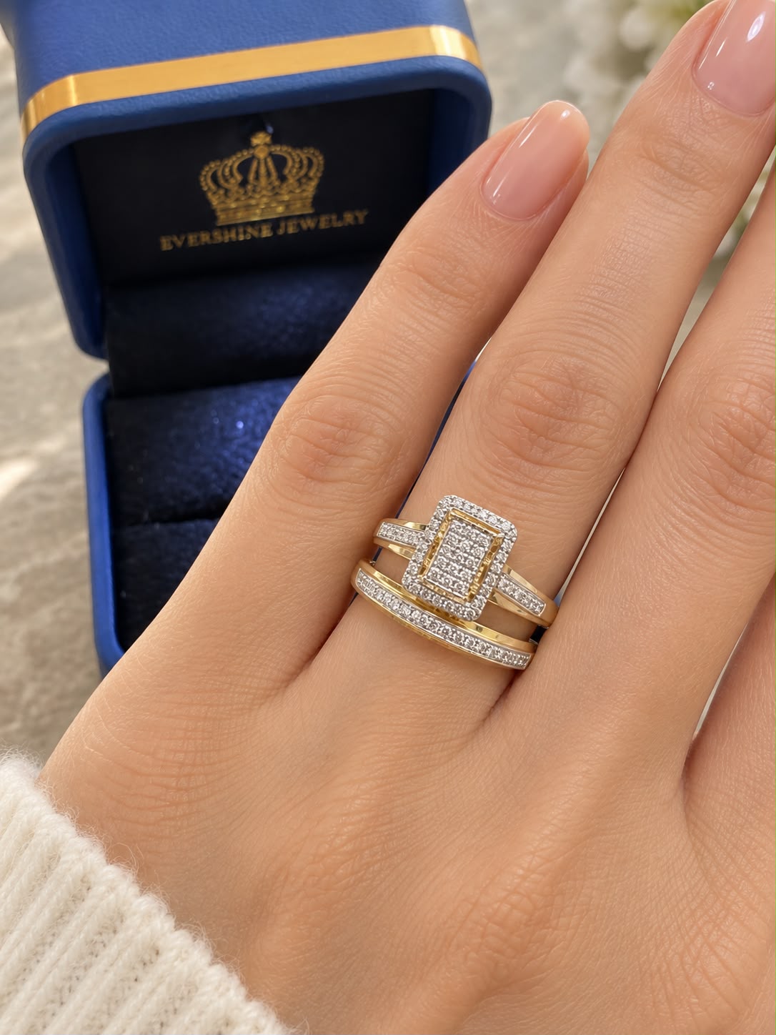10K Yellow Gold 0.38 CT Diamond Trio Wedding Ring Set His & Hers Bridal Set