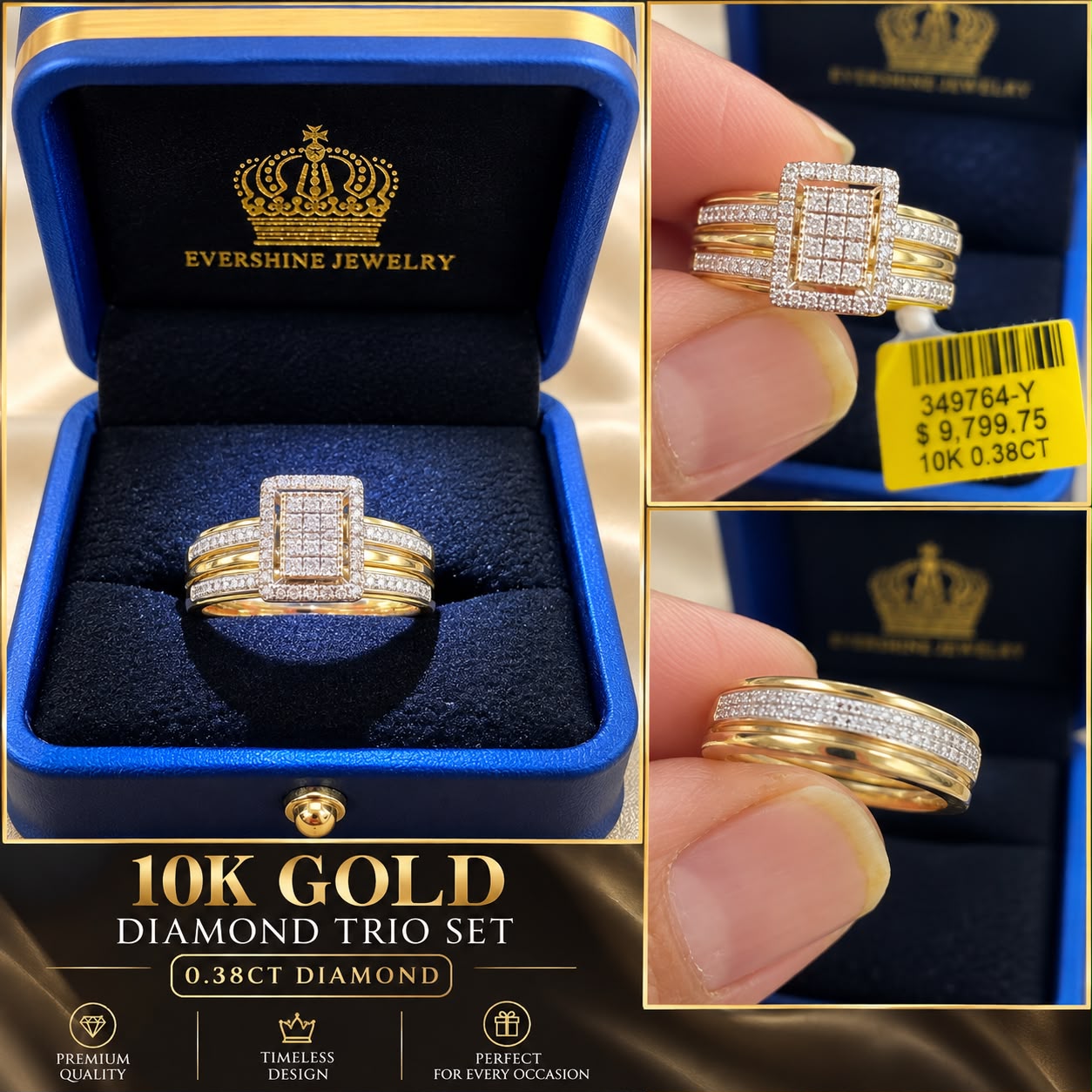 10K Yellow Gold 0.38 CT Diamond Trio Wedding Ring Set His & Hers Bridal Set