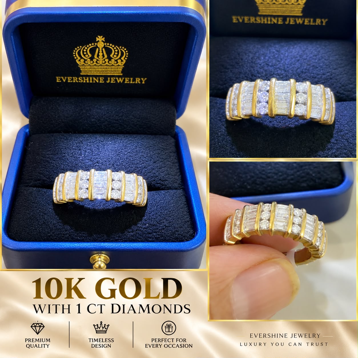 10K Yellow Gold 1 CT Diamond Multi-Row Baguette & Round Diamond Ring