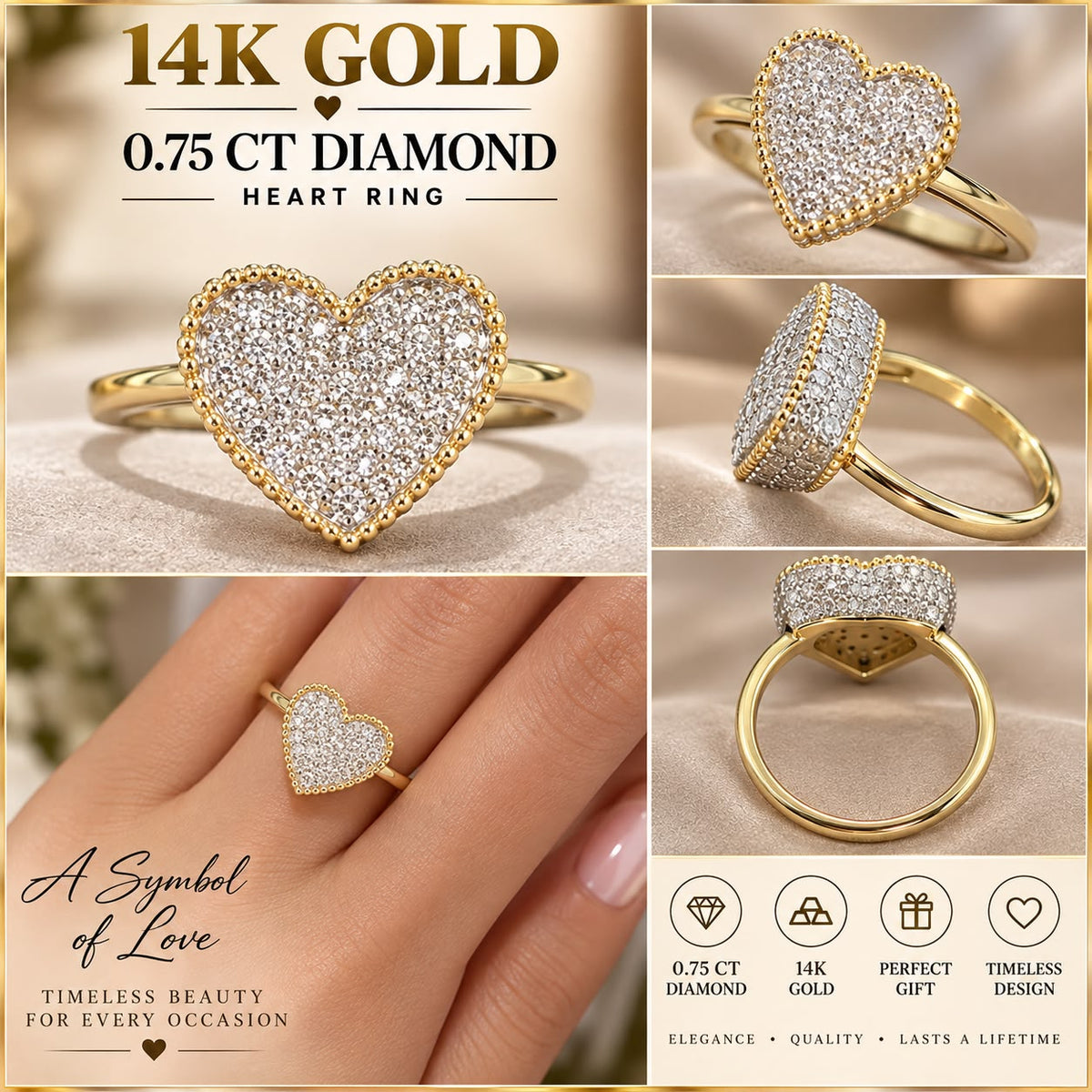 14K Yellow Gold 0.75 CT Diamond Heart Ring – Pave Love Ring Fine Jewelry