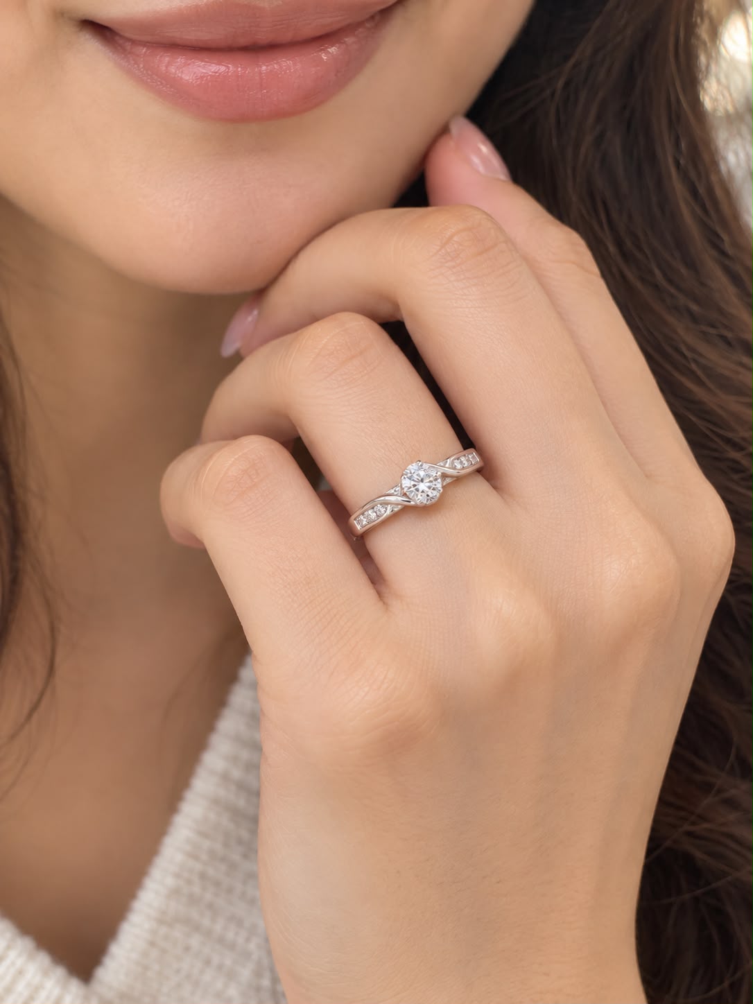 10K White Gold Natural Diamond Swirl Engagement Ring Round Cut Diamond