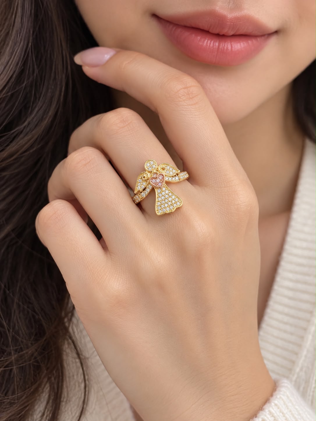 10K Yellow & Rose Gold Diamond Angel Ring Heart Wings Two-Tone Fine Jewelry