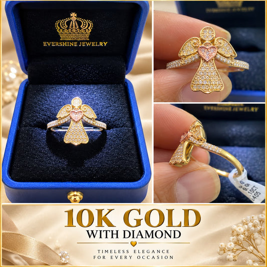 10K Yellow & Rose Gold Diamond Angel Ring Heart Wings Two-Tone Fine Jewelry
