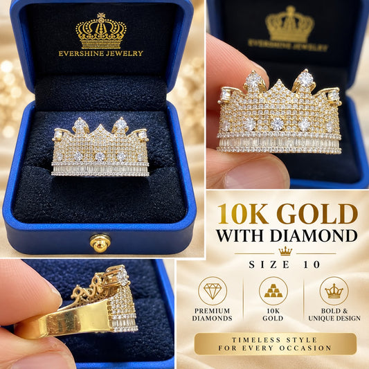 10K Yellow Gold Diamond Crown Ring Size 10 Statement King Royal Design