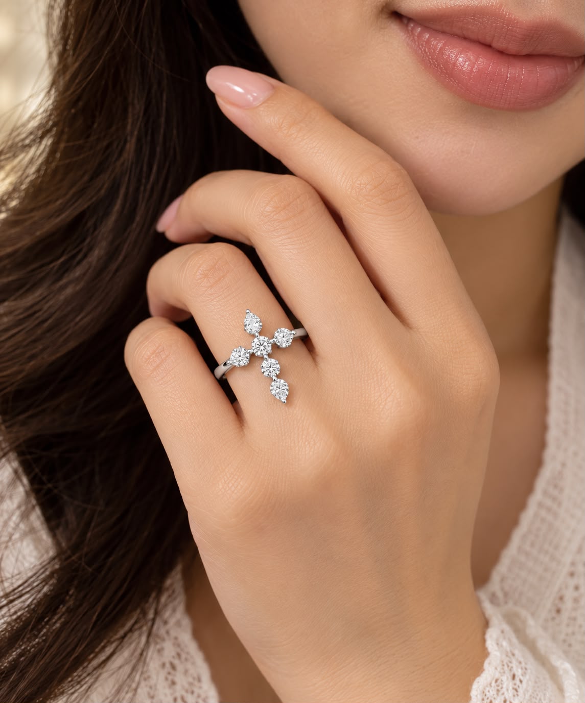 10K White Gold Genuine Diamond Cross Ring Women’s Religious Faith Fine Jewelry