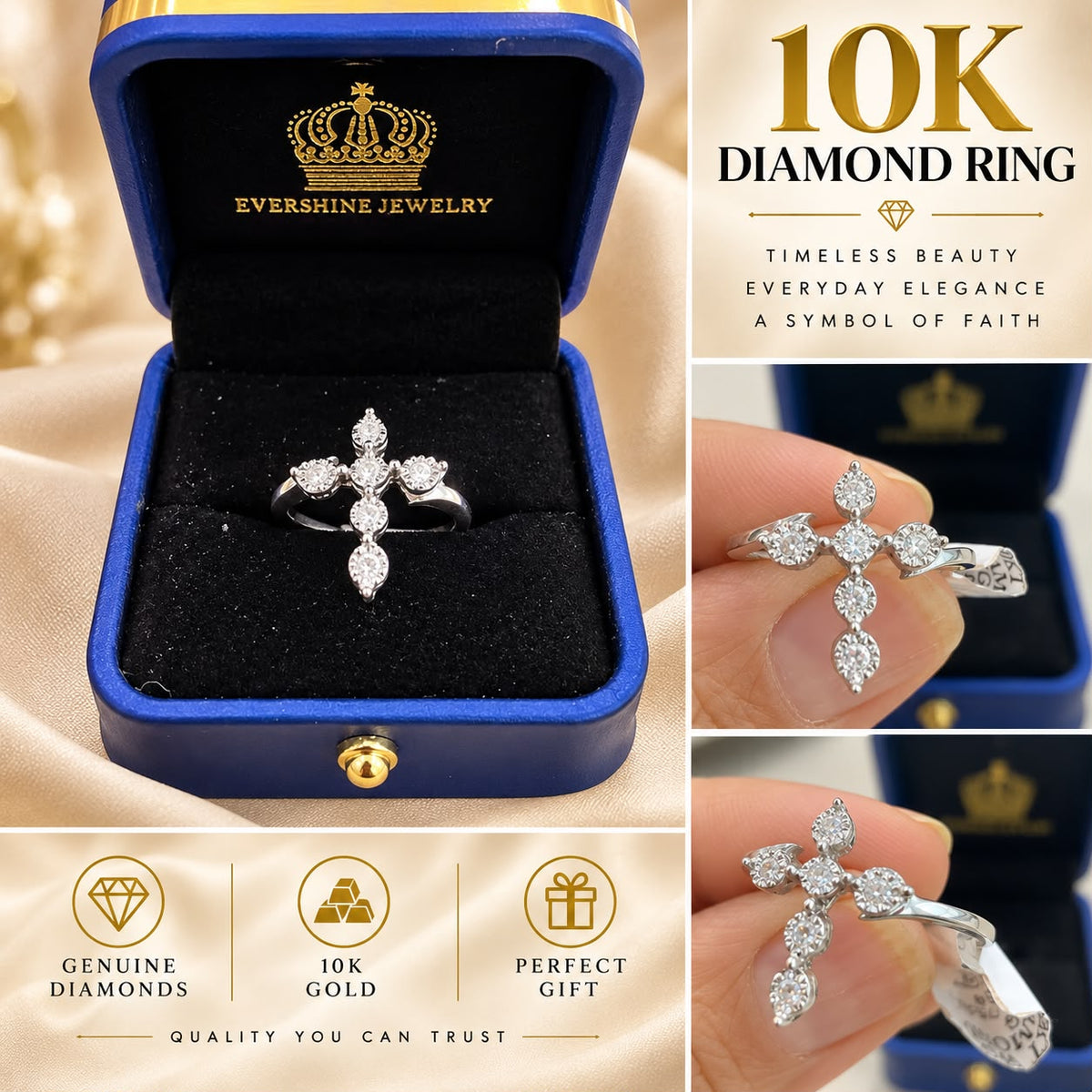 10K White Gold Genuine Diamond Cross Ring Women’s Religious Faith Fine Jewelry