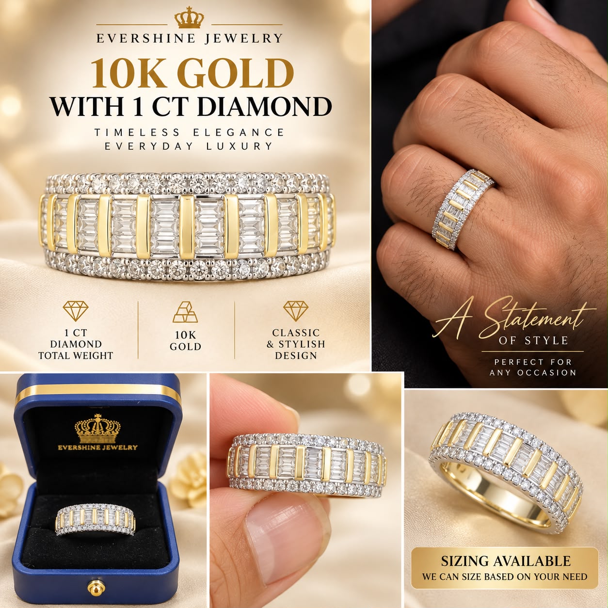 10K Gold 1 CT Diamond Men’s Ring Two-Tone Baguette & Round Diamond Band