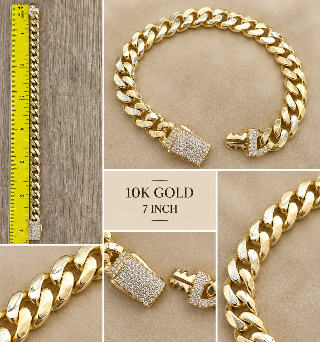 10K Yellow Gold Cuban Link Bracelet 7” CZ Iced Box Clasp Men’s Heavy Style