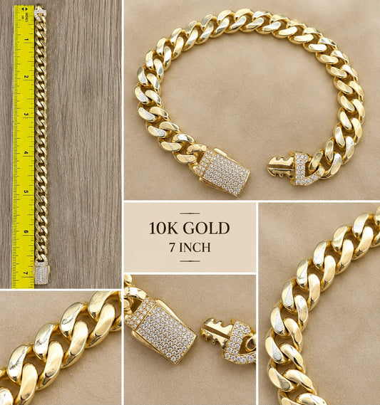 10K Yellow Gold Cuban Link Bracelet 7” CZ Iced Box Clasp Men’s Heavy Style