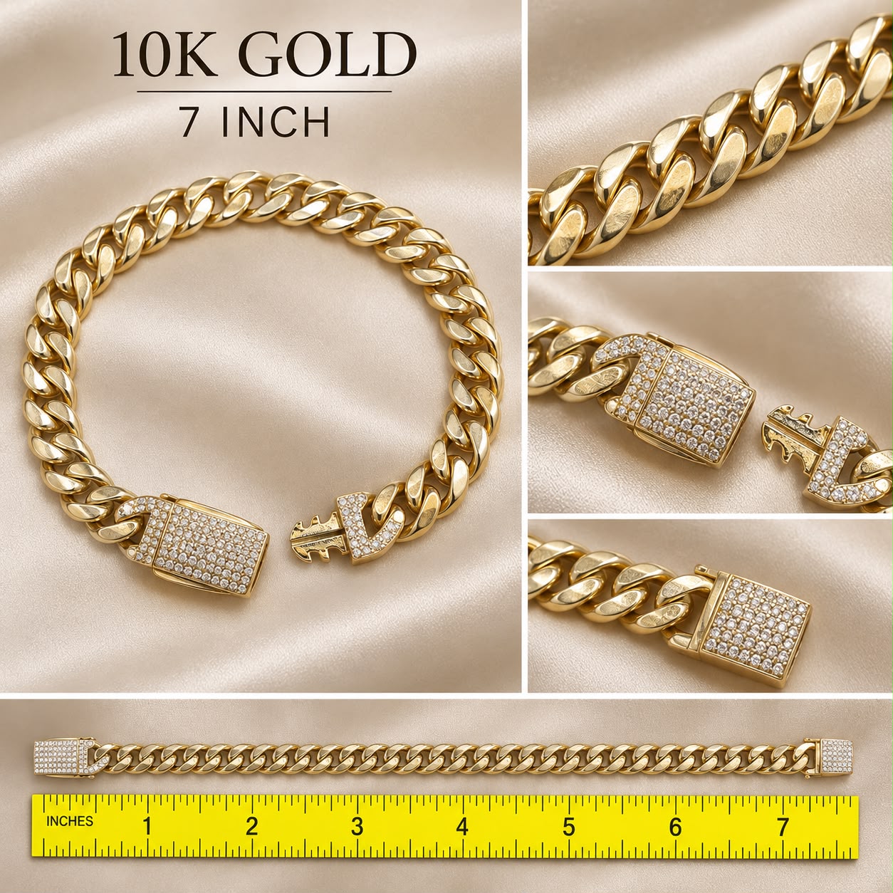 10K Yellow Gold Cuban Link Bracelet 7” CZ Iced Box Clasp Men’s Heavy Style