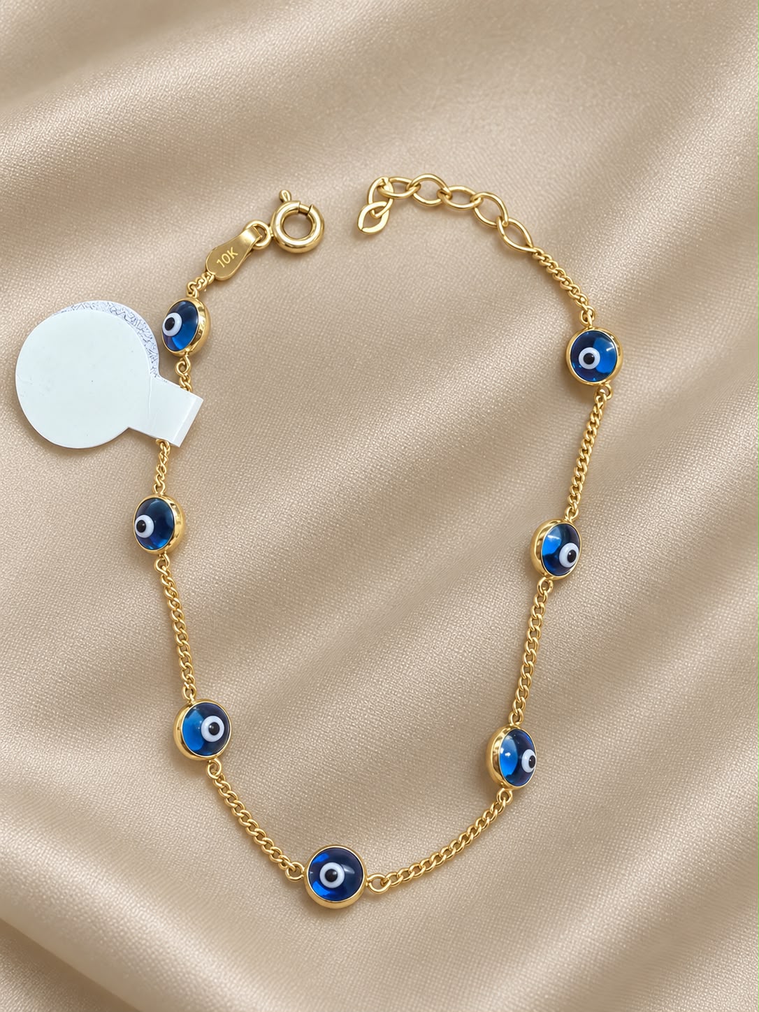 10K Yellow Gold Blue Evil Eye Bracelet 8” Adjustable Lucky Protection Charm