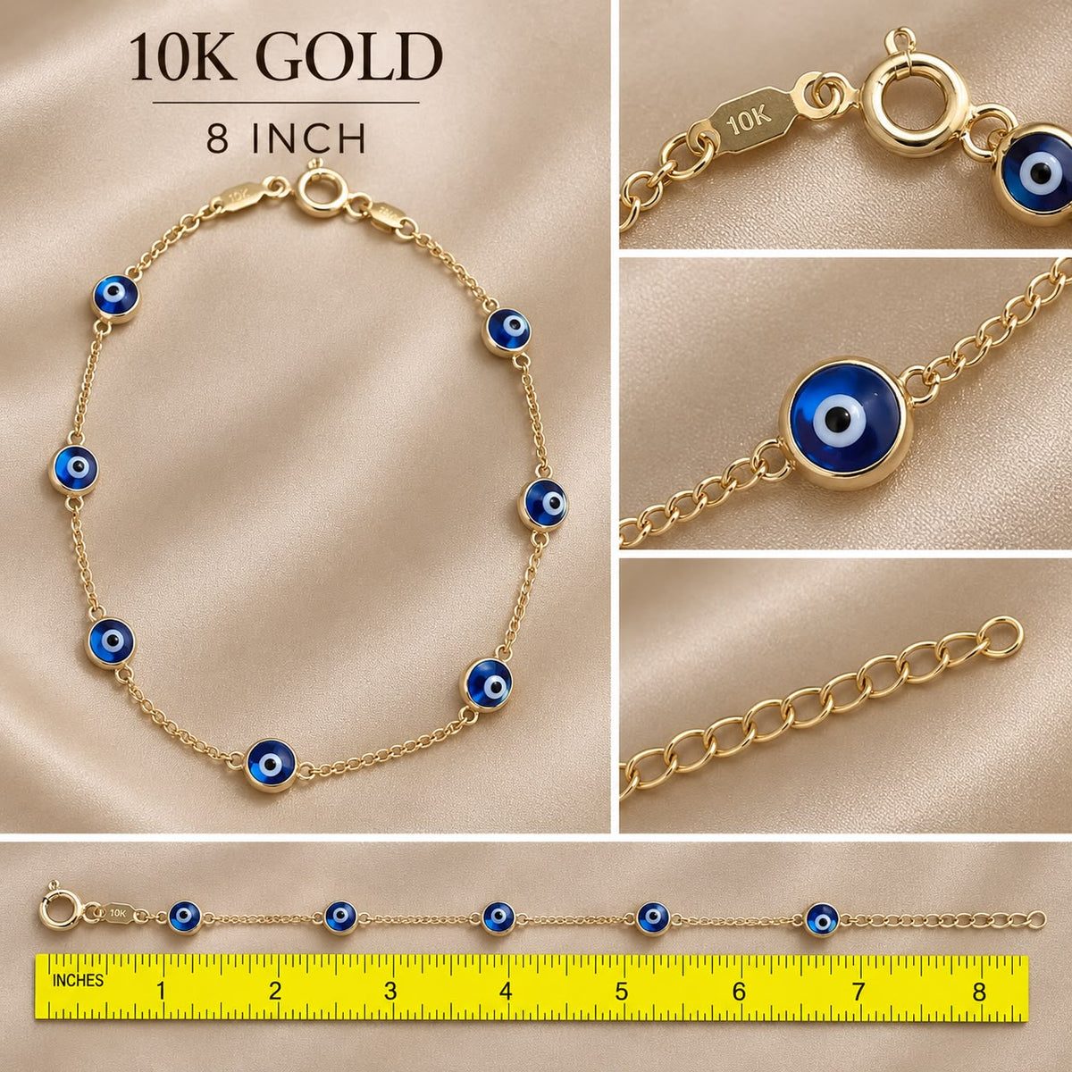 10K Yellow Gold Blue Evil Eye Bracelet 8” Adjustable Lucky Protection Charm