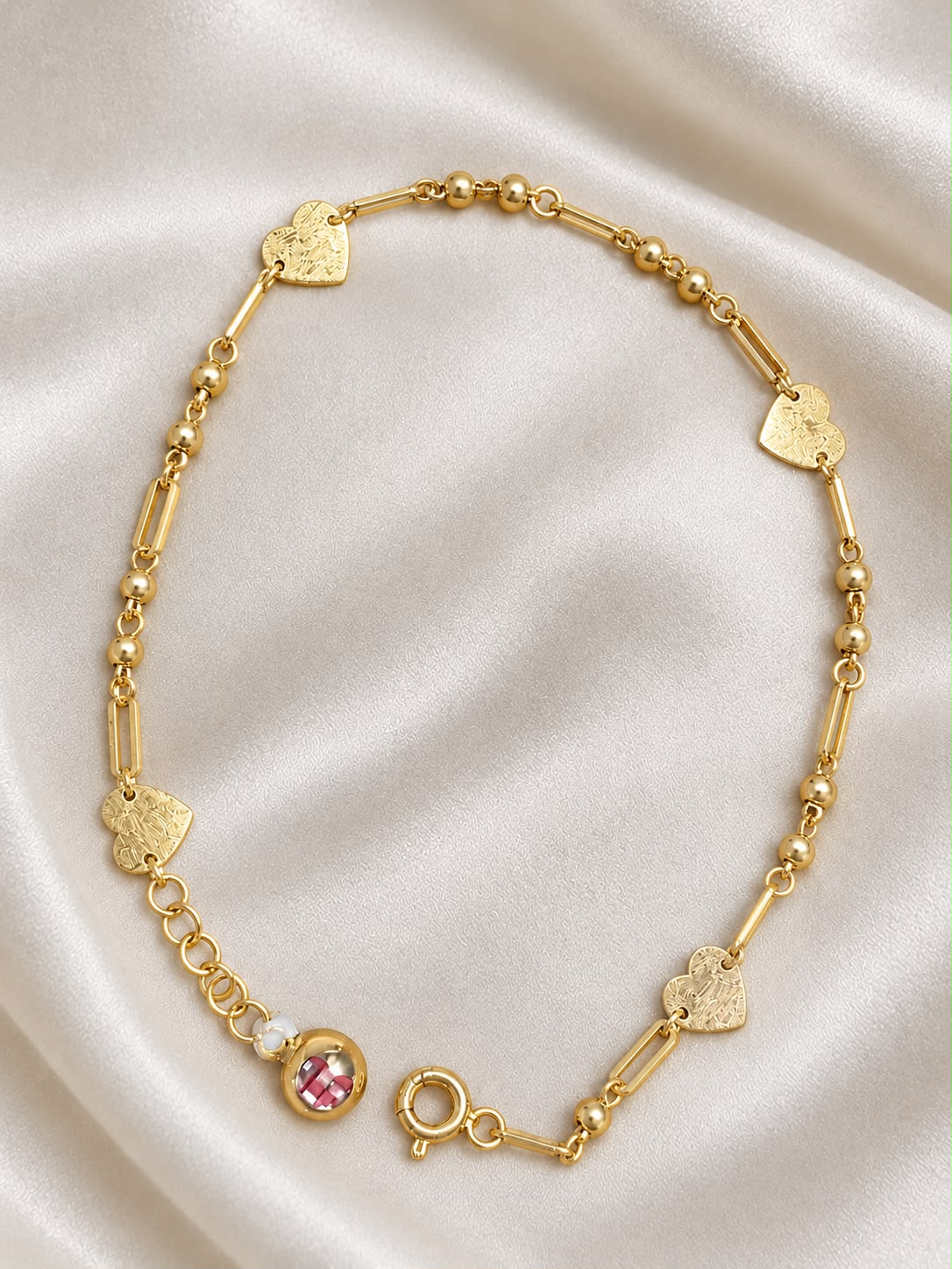 10K Yellow Gold Heart Link Bracelet 8” Beaded Station Adjustable Women’s Jewelry