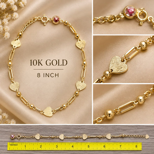 10K Yellow Gold Heart Link Bracelet 8” Beaded Station Adjustable Women’s Jewelry