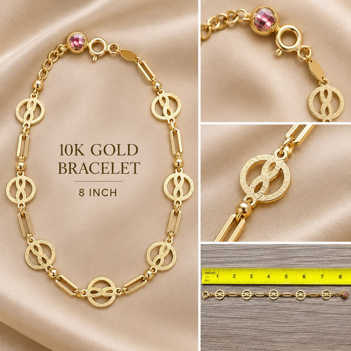 10K Yellow Gold Infinity Circle Link Bracelet 8” Adjustable Women’s Fine Jewelry
