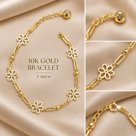 10K Yellow Gold Flower Link Bracelet 7” Daisy Floral Adjustable Women’s Jewelry