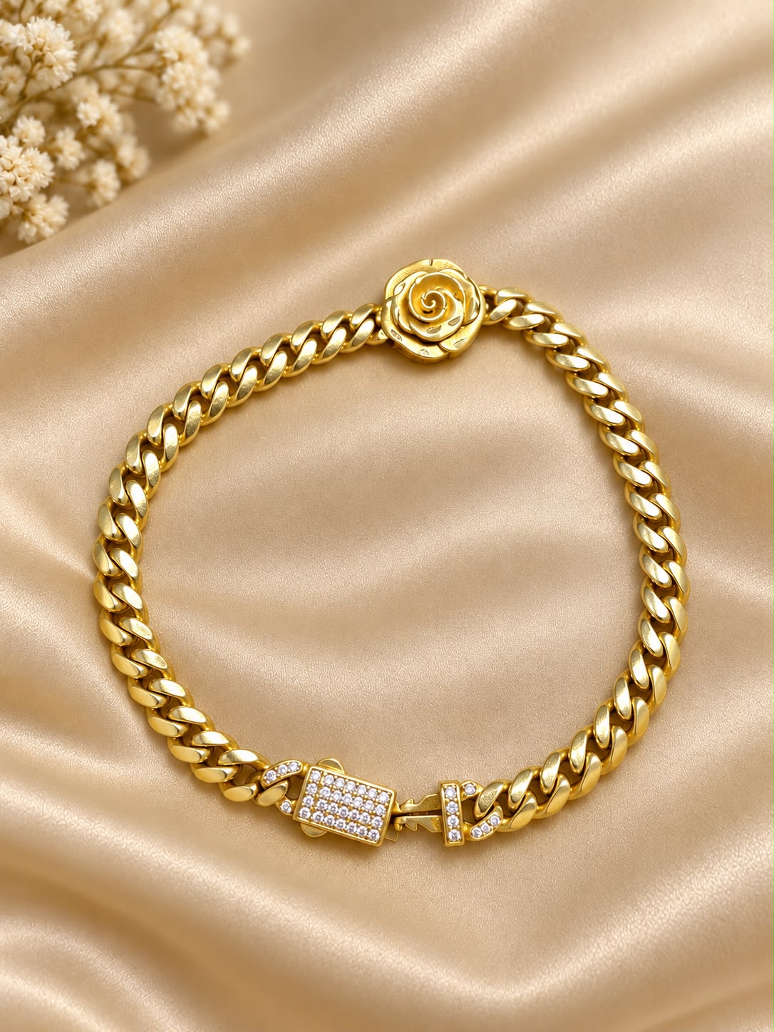 10K Yellow Gold Cuban Link Bracelet Rose Flower CZ Iced Box Clasp Women’s