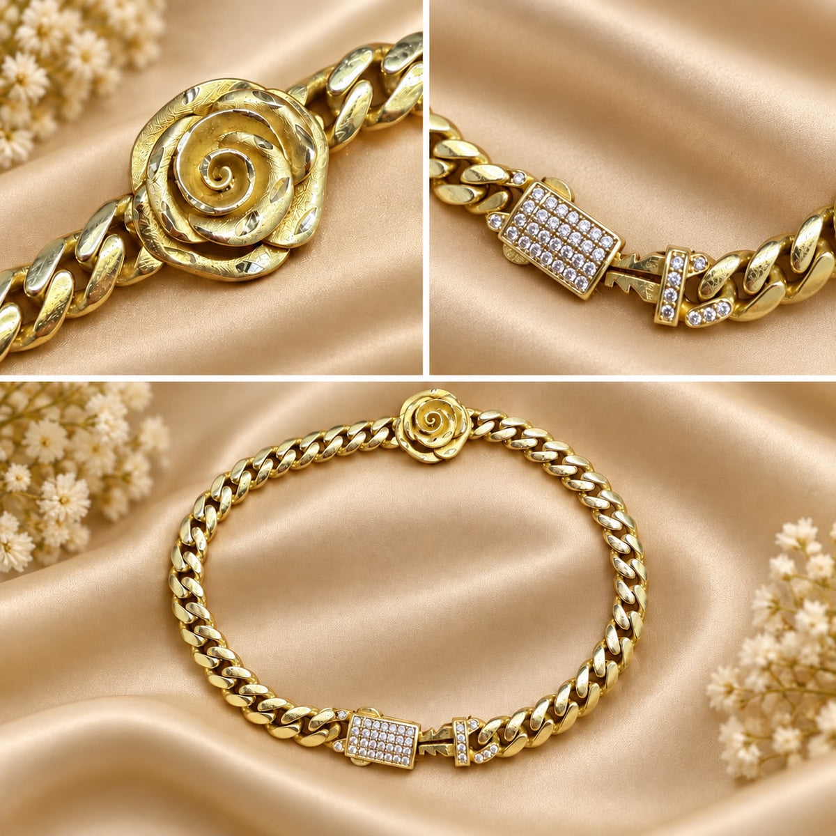10K Yellow Gold Cuban Link Bracelet Rose Flower CZ Iced Box Clasp Women’s