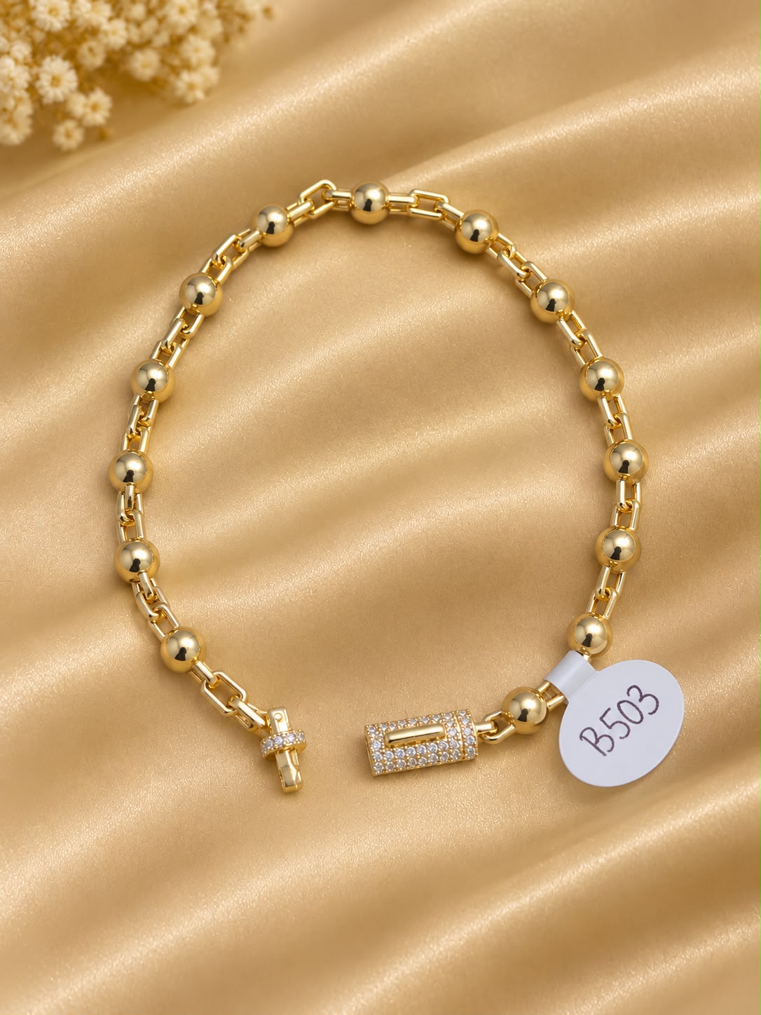 10K Yellow Gold Bead Link Bracelet 8” CZ Iced Box Clasp Ball Station Unisex