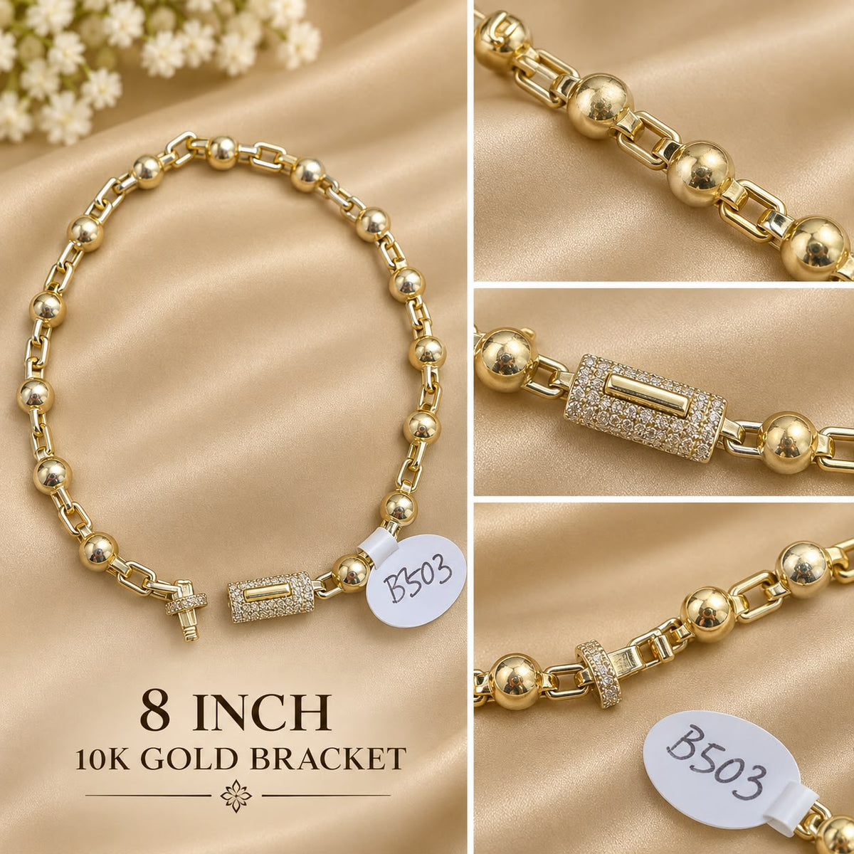 10K Yellow Gold Bead Link Bracelet 8” CZ Iced Box Clasp Ball Station Unisex