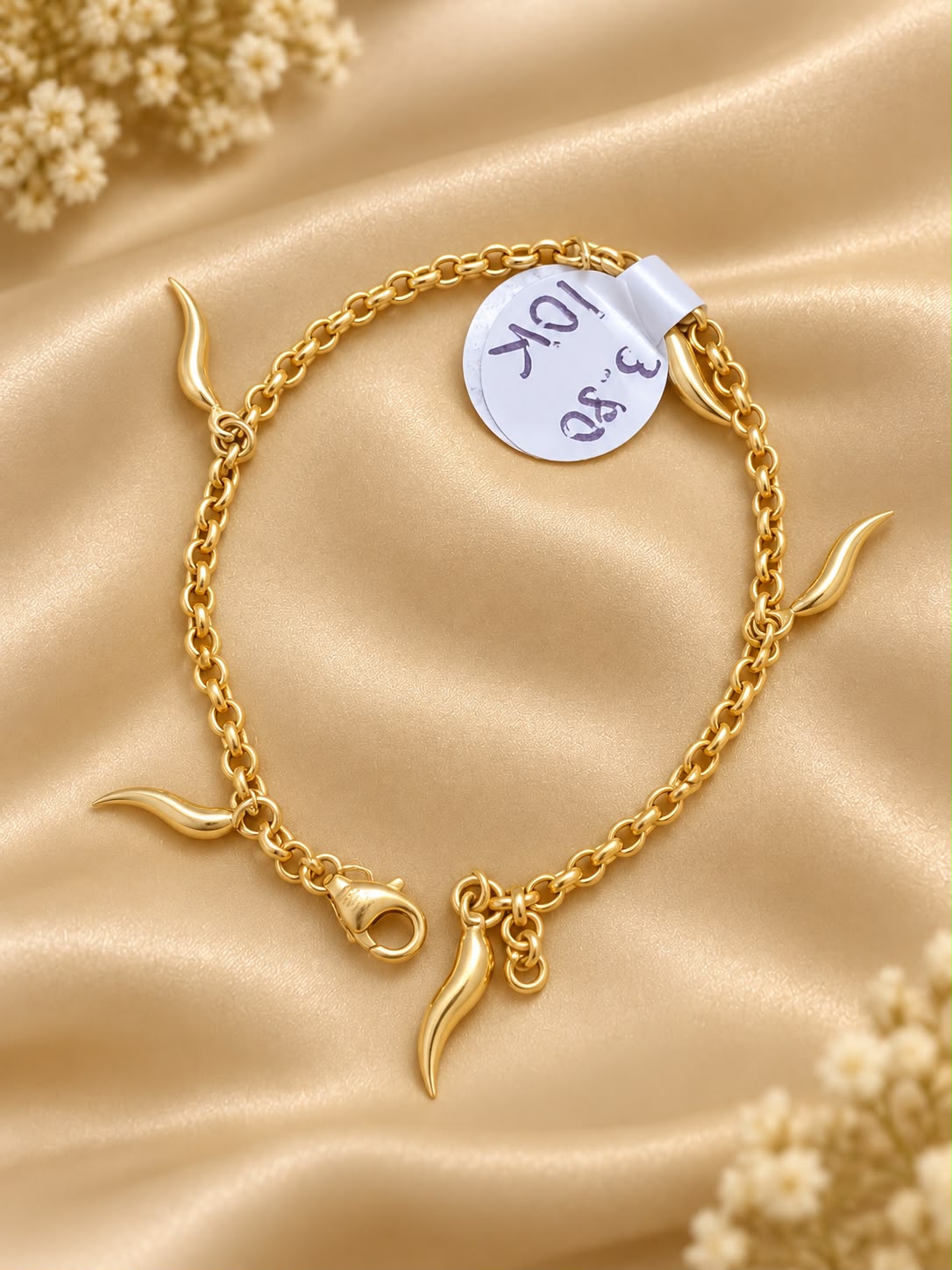 10K Yellow Gold Italian Horn Cornicello Charm Bracelet 7” Lucky Amulet Women’s