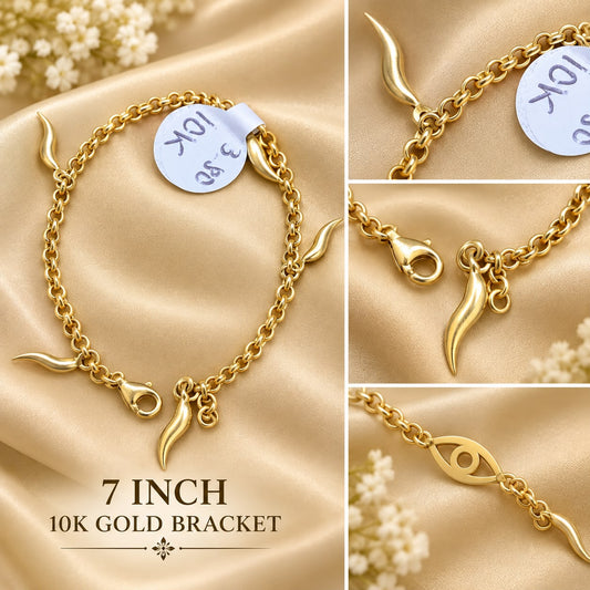 10K Yellow Gold Italian Horn Cornicello Charm Bracelet 7” Lucky Amulet Women’s