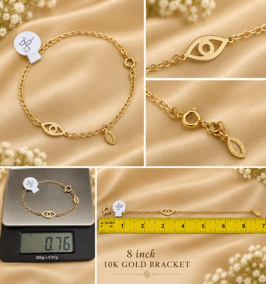 10K Yellow Gold Evil Eye Bracelet 8” Lucky Protection Charm Dainty Women’s 0.76g