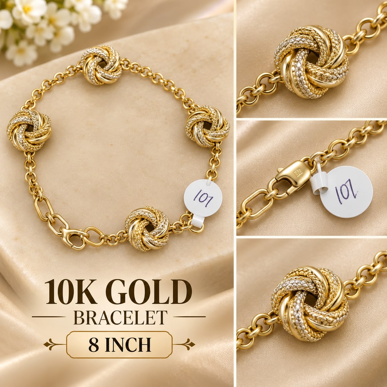 10K Yellow Gold Love Knot Station Bracelet 8” Two Tone Textured Women’s Jewelry