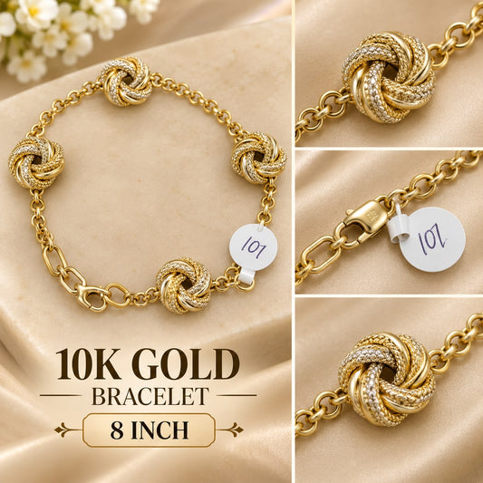 10K Yellow Gold Love Knot Station Bracelet 8” Two Tone Textured Women’s Jewelry