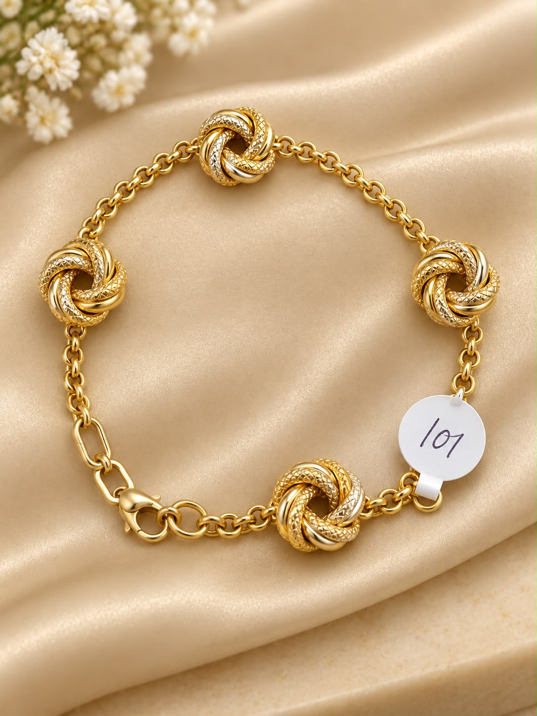 10K Yellow Gold Love Knot Station Bracelet 8” Two Tone Textured Women’s Jewelry