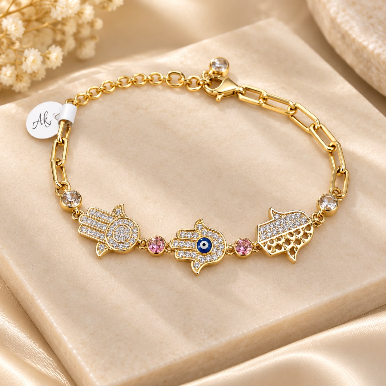 10K Yellow Gold Hamsa Hand Bracelet 8” CZ Evil Eye Lucky Protection Charm