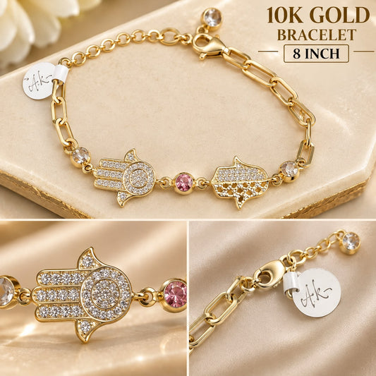 10K Yellow Gold Hamsa Hand Bracelet 8” CZ Evil Eye Lucky Protection Charm