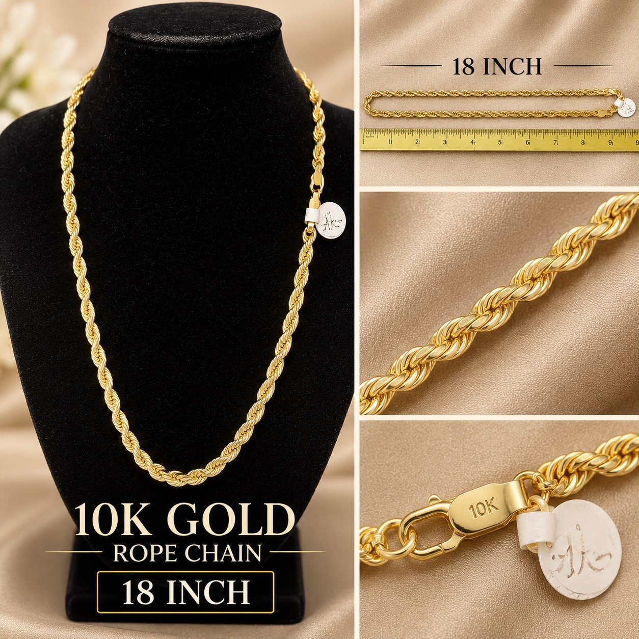 10K Yellow Gold Rope Chain Necklace 18” Diamond Cut Twisted Lobster Clasp Unisex