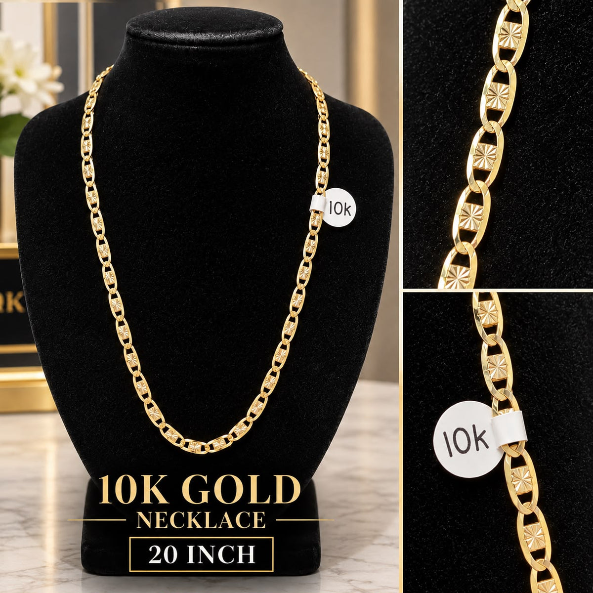 10K Yellow Gold Mariner Link Chain Necklace 20” Diamond Cut Anchor Gucci Style