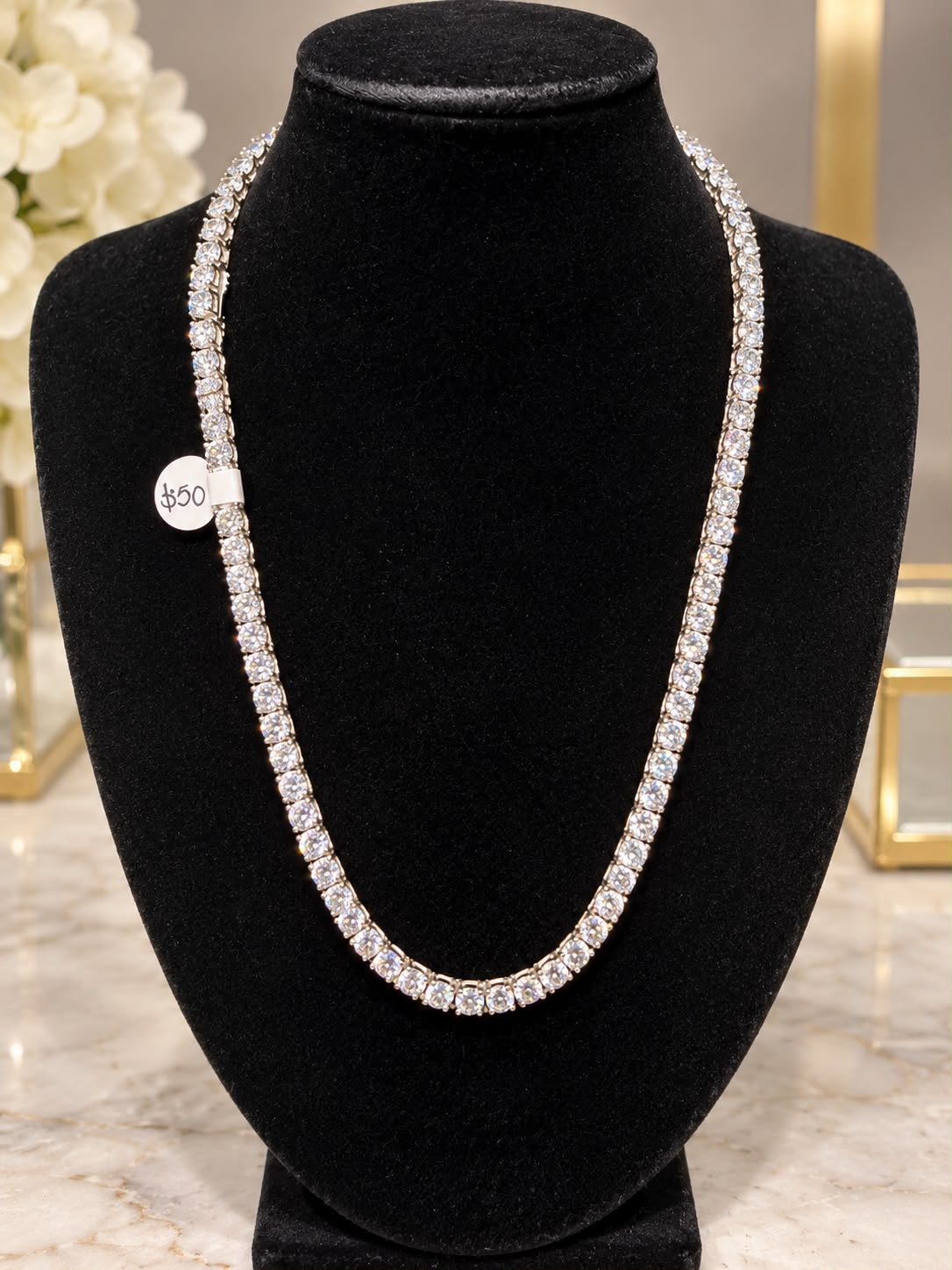 Sterling Silver Moissanite Tennis Chain Necklace Round Cut Iced Diamond Style