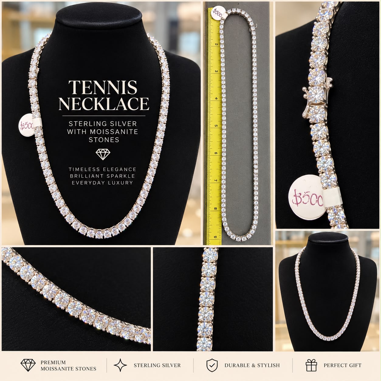 Sterling Silver Moissanite Tennis Chain Necklace Round Cut Iced Diamond Style