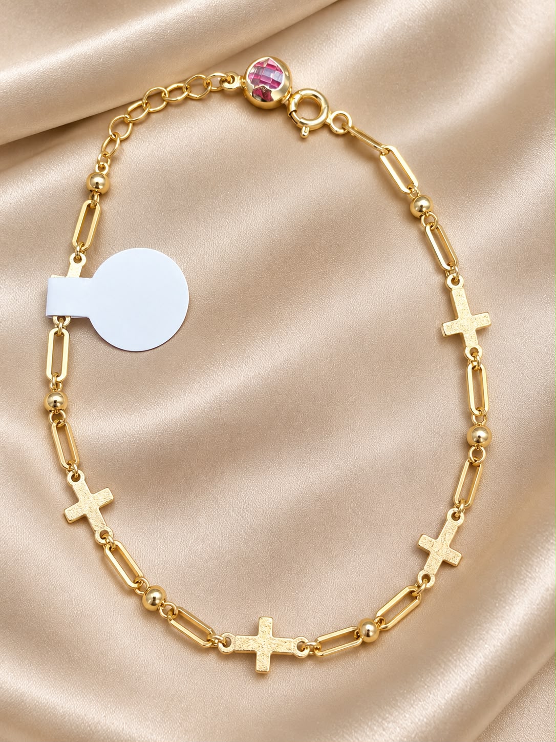 10K Yellow Gold Cross Link Bracelet 8” Adjustable Religious Faith Women’s Jewelry