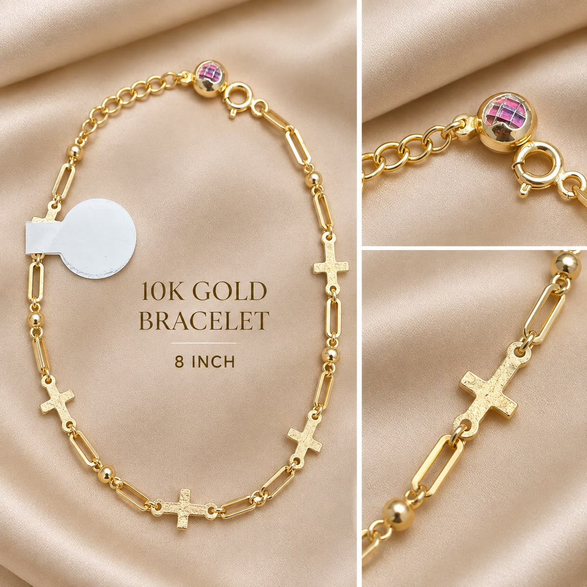 10K Yellow Gold Cross Link Bracelet 8” Adjustable Religious Faith Women’s Jewelry