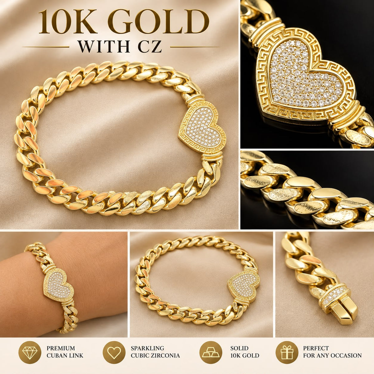 10K Yellow Gold Cuban Link Bracelet CZ Heart Clasp Statement Jewelry