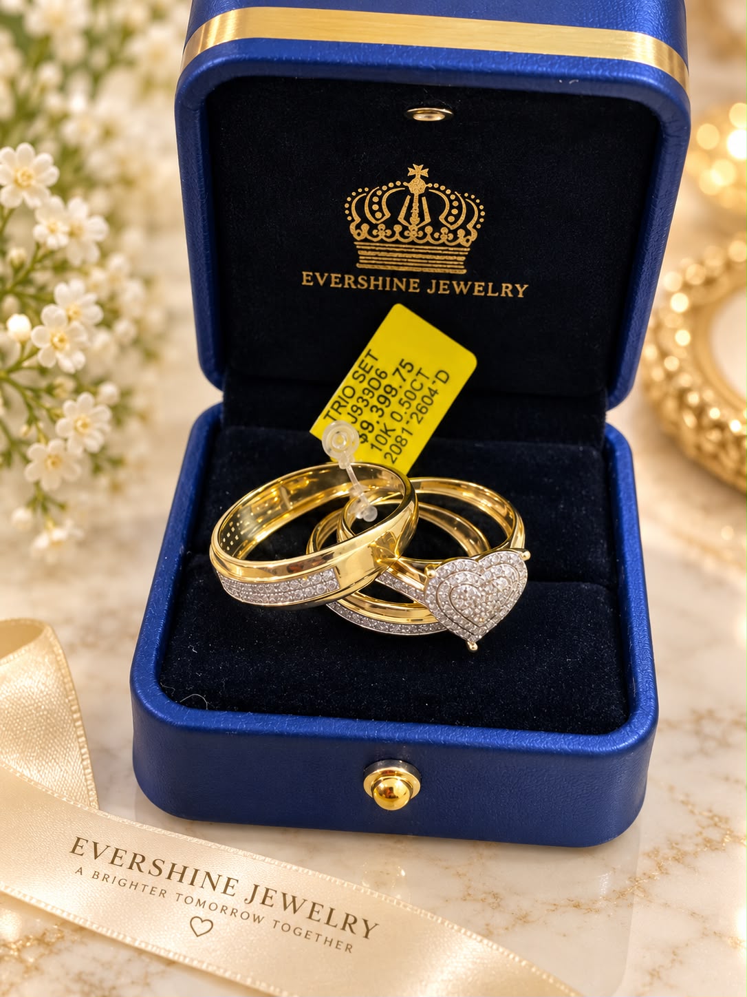 10K Yellow Gold Diamond Heart Trio Wedding Ring Set Engagement & Matching Bands