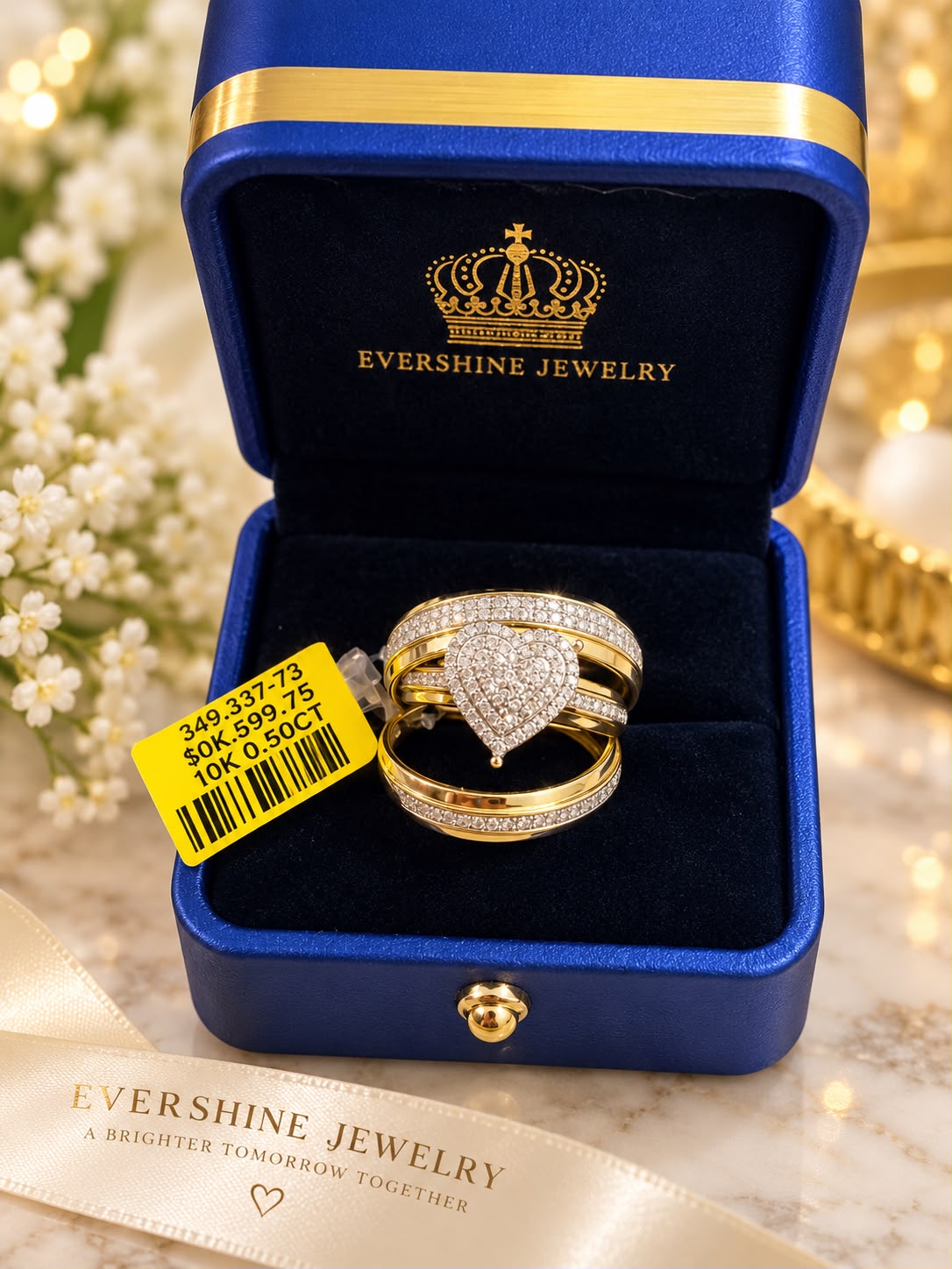 10K Yellow Gold Diamond Heart Trio Wedding Ring Set Engagement & Matching Bands