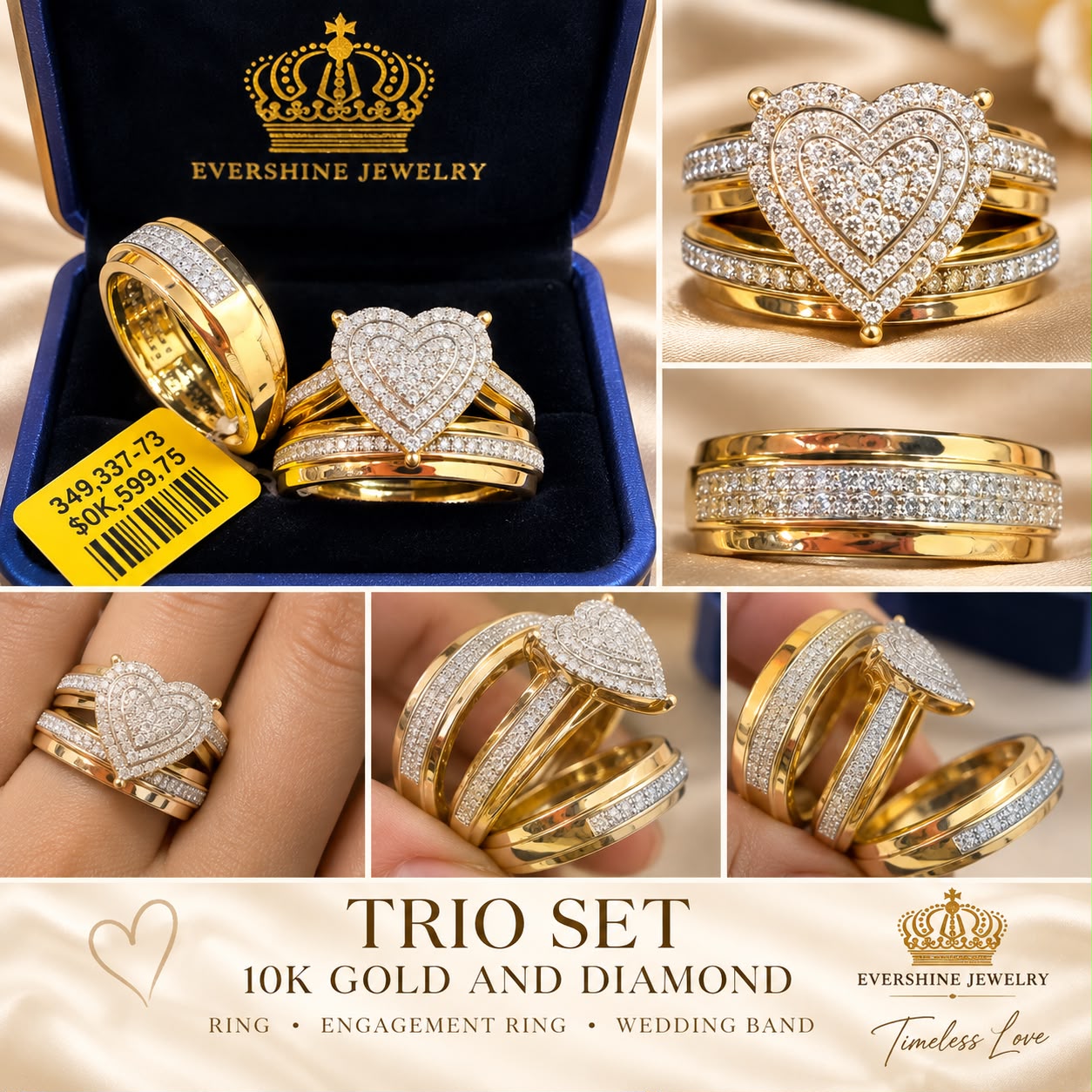 10K Yellow Gold Diamond Heart Trio Wedding Ring Set Engagement & Matching Bands